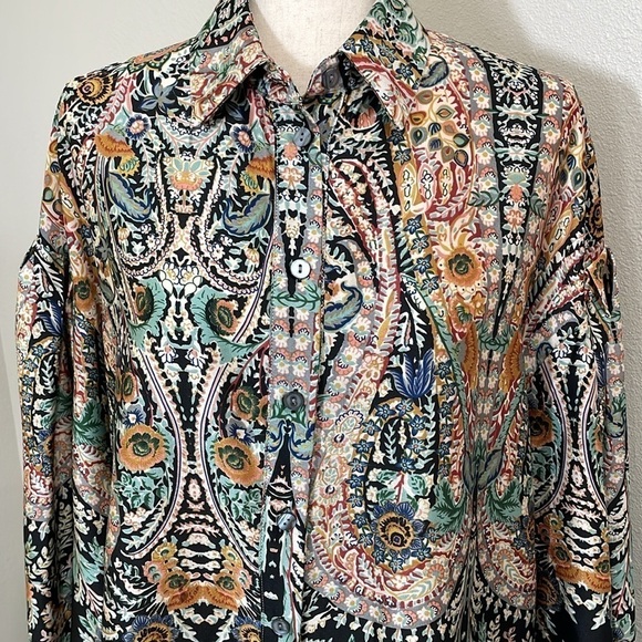 MOLLY BRACKEN SIGRID FLORAL BLOUSE Button Up Black Green Pink Gray SIZE Medium - Picture 6 of 11
